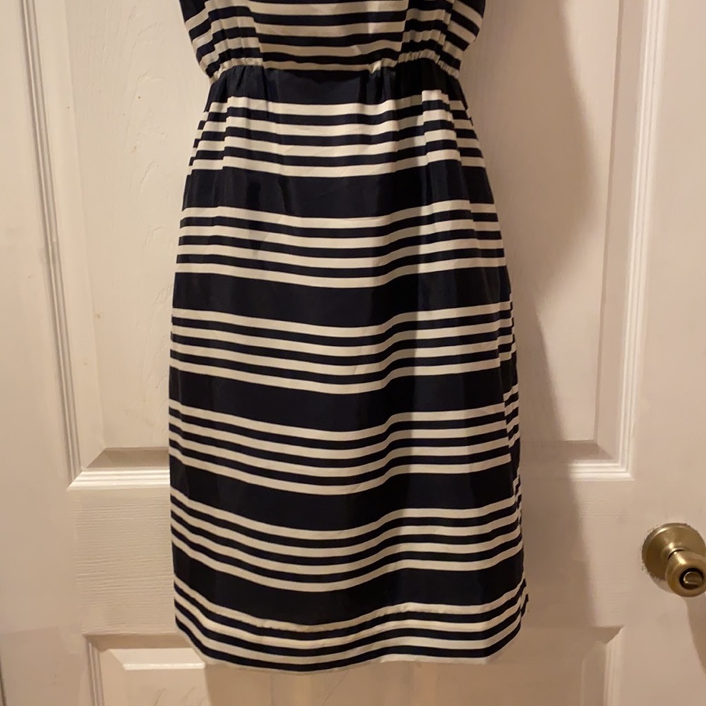 J. Crew Blouson Mini Dress in navy blue and white stripes straps 8 - Picture 5 of 16